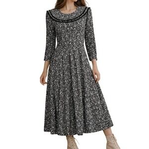 Vintage‎ 90s Nancy Johnson Black White Floral Prairie Dress Sailor Collar Size 6